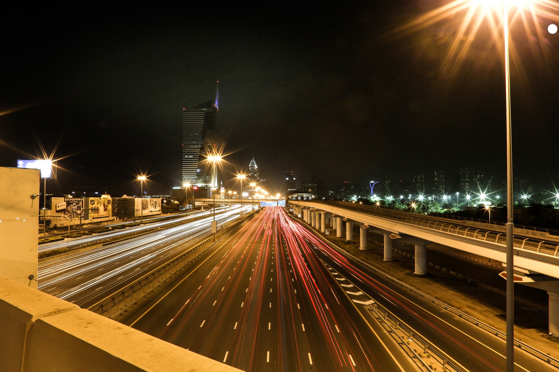 Night road with light trails