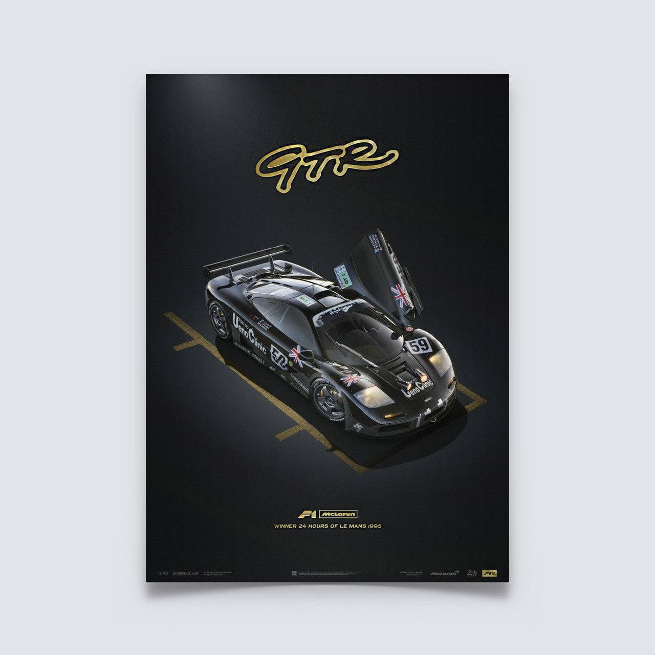 The Automobilist McLaren F1 GTR Collector's Edition poster, the 1995 Le Mans-winning GTR rendered in detailed CGI with gold foil embossing highlights