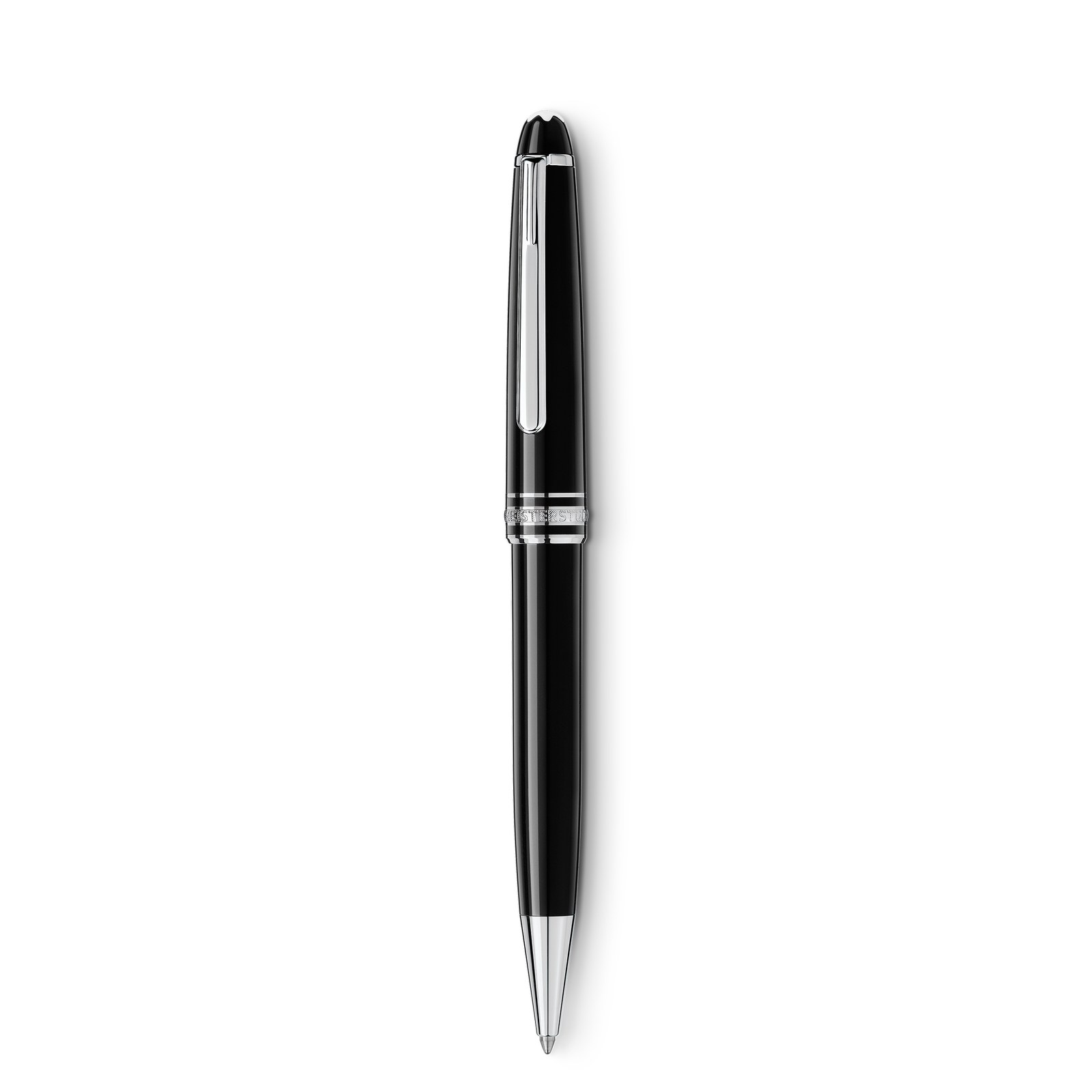 The Montblanc Meisterstück Classique ballpoint in black precious resin with platinum-coated fittings, photographed upright showing the white star emblem and clip