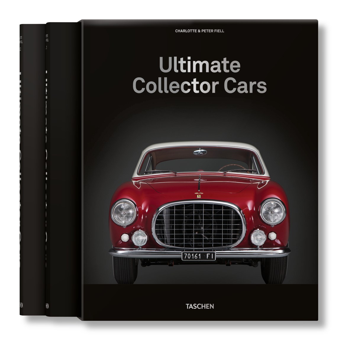 The two-volume TASCHEN Ultimate Collector Cars set photographed together, hardcover bindings visible, one volume open to a full-bleed studio photograph of a classic sports car