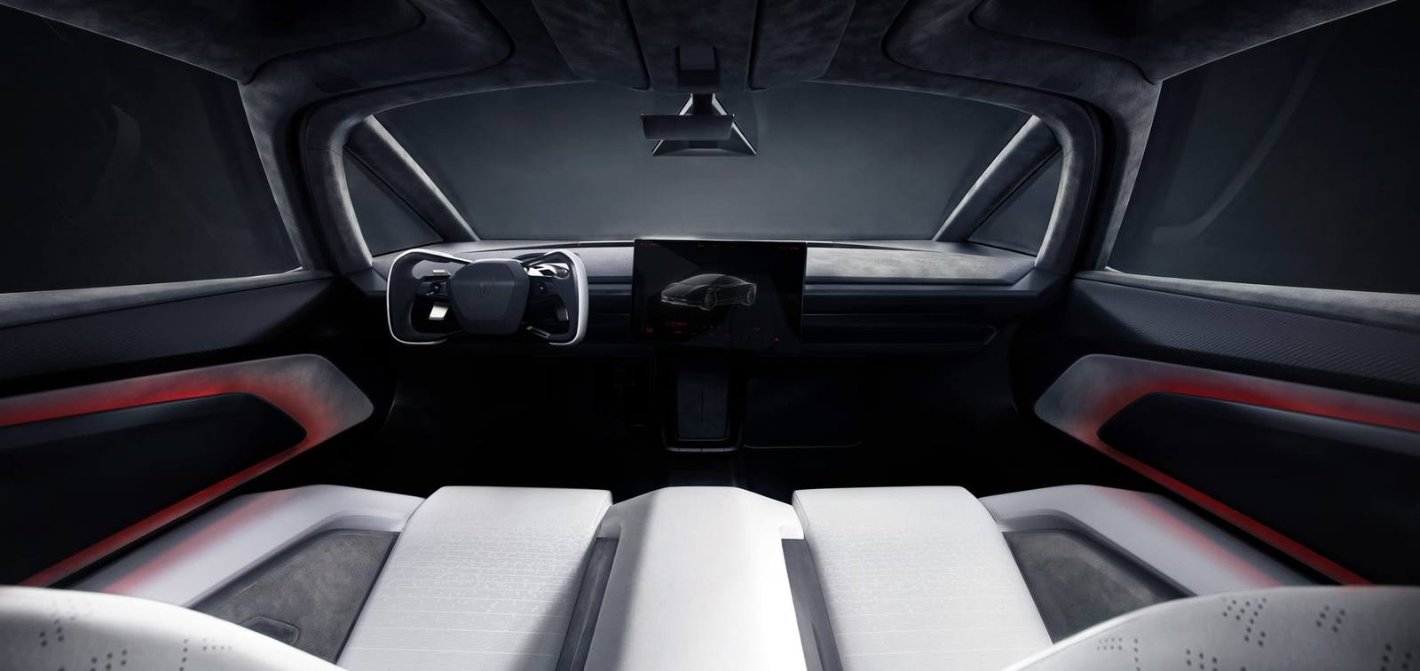 Tesla Roadster interior with white seats, yoke and central screen