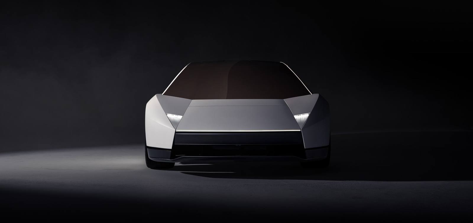 White Tesla Roadster sports car, front view, in dark studio reveal photography